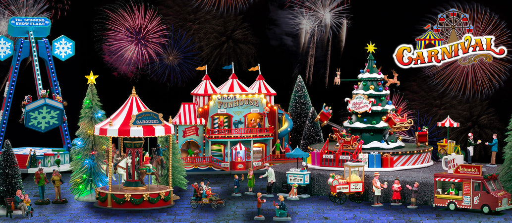 Casa dei divertimenti del circo decorazione per villaggio di Natale con animazioni e musiche