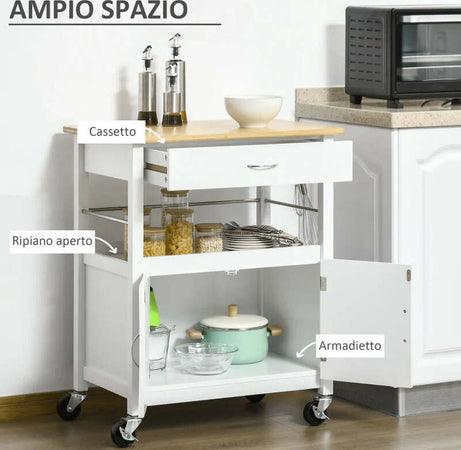Carrello-Cucina-con-Cassetto-Armadietto-e-Scaffale,-Carrellino-Portavivande-con-Piano-in-Bambù-e-4-Ruote,-Bianco-TY8801-215TY8