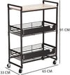 Carrello da Cucina 3 Ripiani con Ruote e 2 Cesti Portaoggetti 65x33x91cm Nero