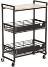 Carrello da Cucina 3 Ripiani con Ruote e 2 Cesti Portaoggetti 65x33x91cm Nero