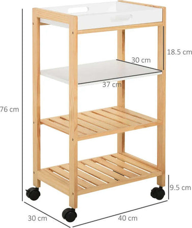 Carrello-da-Cucina-a-4-Livelli-in-MDF-e-Legno-di-Pino-con-4-Ruote-Girevoli,-40x30x76-cm,-Bianco-e-Marrone-WE9801-131WE9