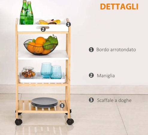 Carrello-da-Cucina-a-4-Livelli-in-MDF-e-Legno-di-Pino-con-4-Ruote-Girevoli,-40x30x76-cm,-Bianco-e-Marrone-WE9801-131WE9