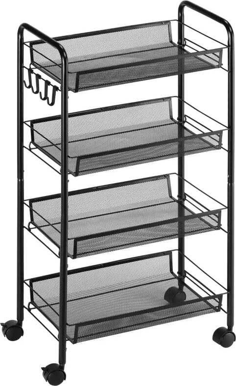 Carrello-da-Cucina-a-4-Ripiani-Rimovibili-con-4-Ganci-e-Ruote,-in-Acciaio-e-Plastica-PP,-45x26.5x84-cm,-Nero-KU9850-163KU9