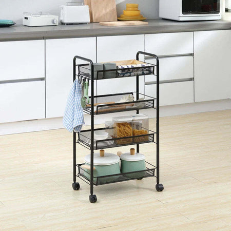 Carrello-da-Cucina-a-4-Ripiani-Rimovibili-con-4-Ganci-e-Ruote,-in-Acciaio-e-Plastica-PP,-45x26.5x84-cm,-Nero-KU9850-163KU9