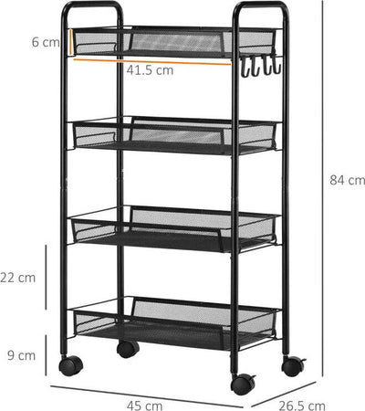 Carrello-da-Cucina-a-4-Ripiani-Rimovibili-con-4-Ganci-e-Ruote,-in-Acciaio-e-Plastica-PP,-45x26.5x84-cm,-Nero-KU9850-163KU9
