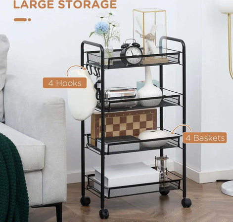 Carrello-da-Cucina-a-4-Ripiani-Rimovibili-con-4-Ganci-e-Ruote,-in-Acciaio-e-Plastica-PP,-45x26.5x84-cm,-Nero-KU9850-163KU9