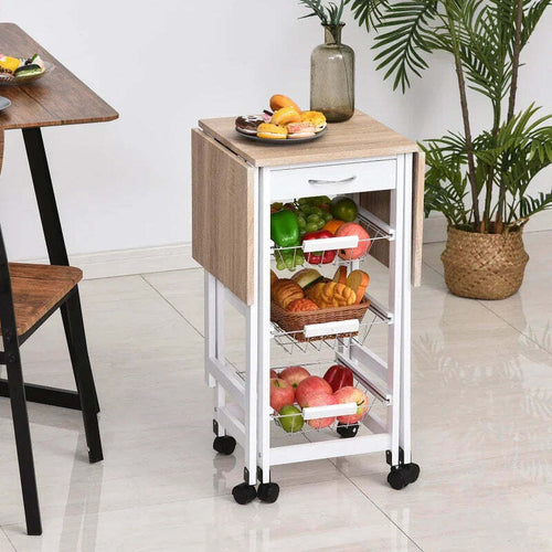 Carrello-da-Cucina-con-3-Cestini,-Cassetto-e-Ribalte,-6-Ruote-Girevoli,-in-MDF-e-Metallo,-37x37x77.5cm,-Bianco-e-Legno-GF2801-125GF2