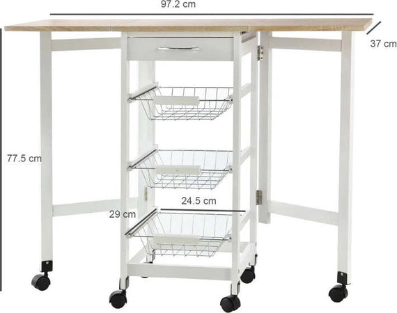 Carrello-da-Cucina-con-3-Cestini,-Cassetto-e-Ribalte,-6-Ruote-Girevoli,-in-MDF-e-Metallo,-37x37x77.5cm,-Bianco-e-Legno-GF2801-125GF2