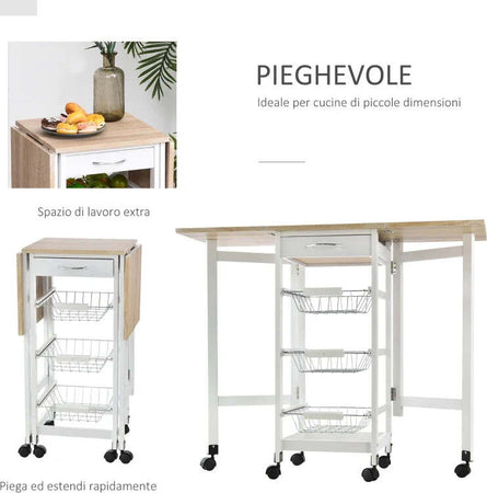 Carrello-da-Cucina-con-3-Cestini,-Cassetto-e-Ribalte,-6-Ruote-Girevoli,-in-MDF-e-Metallo,-37x37x77.5cm,-Bianco-e-Legno-GF2801-125GF2