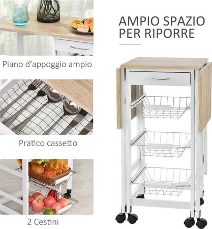 Carrello-da-Cucina-con-3-Cestini,-Cassetto-e-Ribalte,-6-Ruote-Girevoli,-in-MDF-e-Metallo,-37x37x77.5cm,-Bianco-e-Legno-GF2801-125GF2