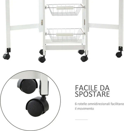 Carrello-da-Cucina-con-3-Cestini,-Cassetto-e-Ribalte,-6-Ruote-Girevoli,-in-MDF-e-Metallo,-37x37x77.5cm,-Bianco-e-Legno-GF2801-125GF2