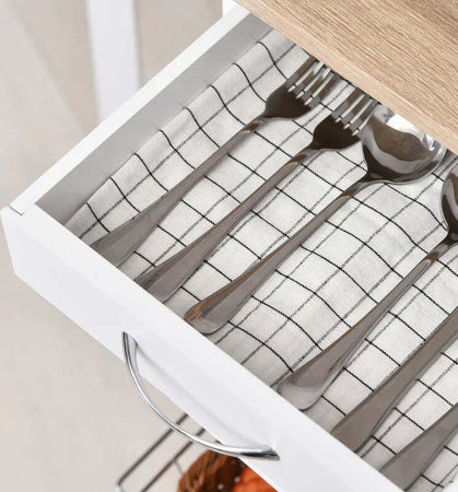 Carrello-da-Cucina-con-3-Cestini,-Cassetto-e-Ribalte,-6-Ruote-Girevoli,-in-MDF-e-Metallo,-37x37x77.5cm,-Bianco-e-Legno-GF2801-125GF2