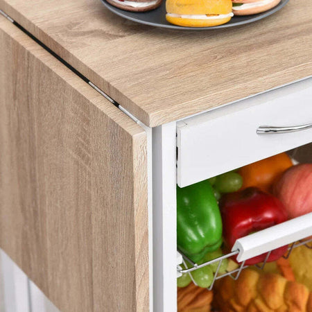 Carrello-da-Cucina-con-3-Cestini,-Cassetto-e-Ribalte,-6-Ruote-Girevoli,-in-MDF-e-Metallo,-37x37x77.5cm,-Bianco-e-Legno-GF2801-125GF2