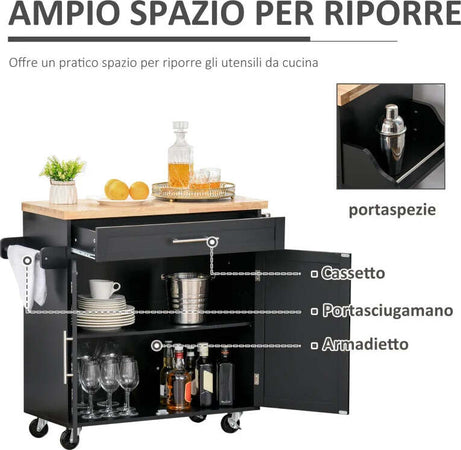 Carrello-da-Cucina-con-Cassetti,-Portaspezie-e-Armadietto,-Carrello-da-Portata-con-4-Ruote-e-Piano-di-Lavoro-in-Legno,-109x40x89cm,-Nero-YH9801-178BKYH9