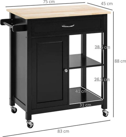 Carrello-da-Cucina-in-Legno-con-Cassetto,-Armadietto-e-Ruote,-83x45x88cm,-Nero-HG7801-214HG7