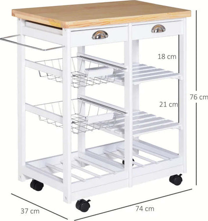 Carrello-da-Cucina-Multiuso-con-2-Cassetti,-2-Ripiani-e-2-Cesti,-in-Legno-di-Pino,-74x37x76-cm,-Bianco-UY7801-079WTUY7