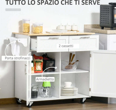 Carrello-da-Cucina-Multiuso-in-Legno-con-2-Cassetti,-104x46x91cm---Bianco-FR2801-203FR2