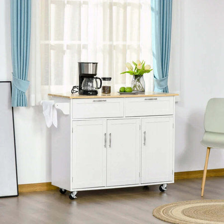Carrello-da-Cucina-Multiuso-in-Legno-con-2-Cassetti,-3-Antine-e-4-Ruote-121x46x91cm---Bianco-TR8801-204TR8
