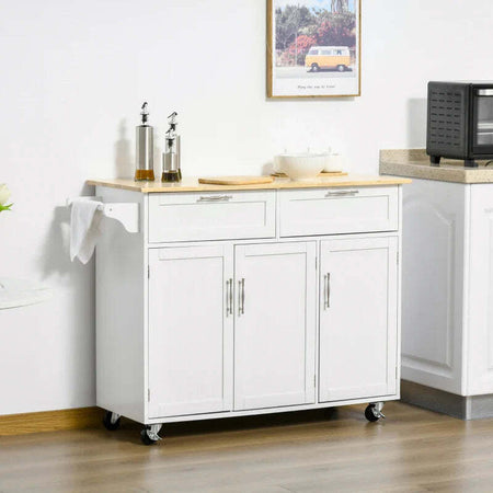 Carrello-da-Cucina-Multiuso-in-Legno-con-2-Cassetti,-3-Antine-e-4-Ruote-121x46x91cm---Bianco-TR8801-204TR8