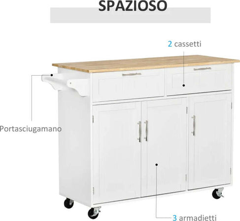 Carrello-da-Cucina-Multiuso-in-Legno-con-2-Cassetti,-3-Antine-e-4-Ruote-121x46x91cm---Bianco-TR8801-204TR8