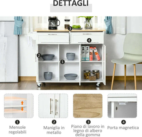 Carrello-da-Cucina-Multiuso-in-Legno-con-2-Cassetti,-3-Antine-e-4-Ruote-121x46x91cm---Bianco-TR8801-204TR8