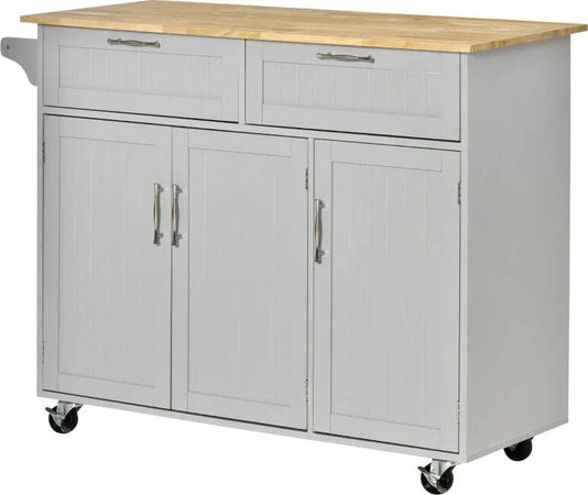 Carrello-da-Cucina-Multiuso-in-Legno-con-2-Cassetti,-3-Antine-e-4-Ruote-121x46x91cm,-Grigio-YH1801-204GYYH1