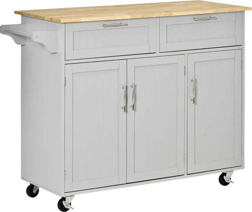Carrello-da-Cucina-Multiuso-in-Legno-con-2-Cassetti,-3-Antine-e-4-Ruote-121x46x91cm,-Grigio-YH1801-204GYYH1