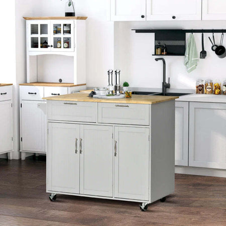 Carrello-da-Cucina-Multiuso-in-Legno-con-2-Cassetti,-3-Antine-e-4-Ruote-121x46x91cm,-Grigio-YH1801-204GYYH1