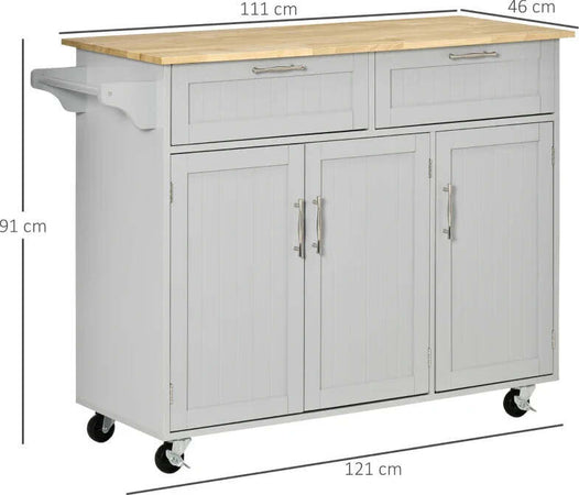 Carrello-da-Cucina-Multiuso-in-Legno-con-2-Cassetti,-3-Antine-e-4-Ruote-121x46x91cm,-Grigio-YH1801-204GYYH1