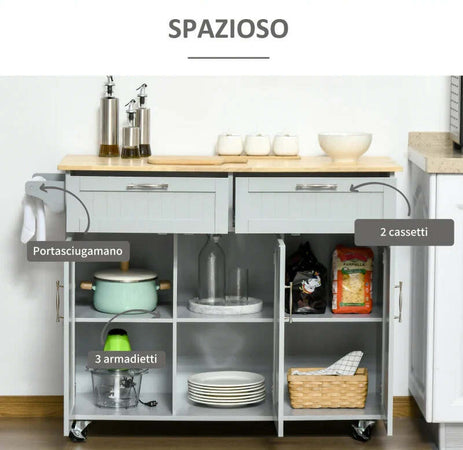 Carrello-da-Cucina-Multiuso-in-Legno-con-2-Cassetti,-3-Antine-e-4-Ruote-121x46x91cm,-Grigio-YH1801-204GYYH1