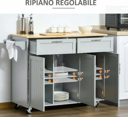 Carrello-da-Cucina-Multiuso-in-Legno-con-2-Cassetti,-3-Antine-e-4-Ruote-121x46x91cm,-Grigio-YH1801-204GYYH1