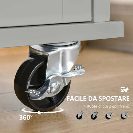 Carrello-da-Cucina-Multiuso-in-Legno-con-2-Cassetti,-3-Antine-e-4-Ruote-121x46x91cm,-Grigio-YH1801-204GYYH1