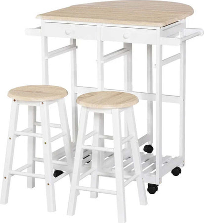 Carrello-da-Cucina-Pieghevole,-Mobile-da-Cucina-Salvaspazio-con-2-Sgabelli-2-Cassetti-5-Ruote-(Rotazione-360°),-Legno-MDF-Bianco-MN2801-117MN2