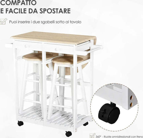 Carrello-da-Cucina-Pieghevole,-Mobile-da-Cucina-Salvaspazio-con-2-Sgabelli-2-Cassetti-5-Ruote-(Rotazione-360°),-Legno-MDF-Bianco-MN2801-117MN2