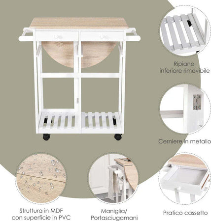 Carrello-da-Cucina-Pieghevole,-Mobile-da-Cucina-Salvaspazio-con-2-Sgabelli-2-Cassetti-5-Ruote-(Rotazione-360°),-Legno-MDF-Bianco-MN2801-117MN2