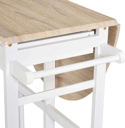 Carrello-da-Cucina-Pieghevole,-Mobile-da-Cucina-Salvaspazio-con-2-Sgabelli-2-Cassetti-5-Ruote-(Rotazione-360°),-Legno-MDF-Bianco-MN2801-117MN2