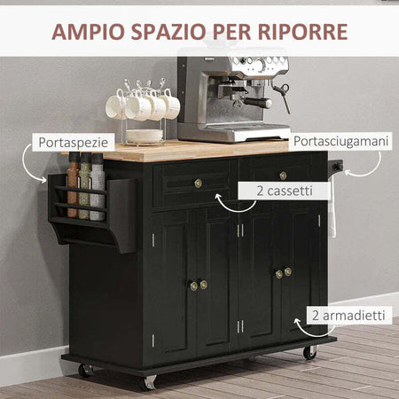 Carrello-da-Cucina-Portavivande-con-Cassetti,-Armadietti-e-Portaspezie,-in-Legno-e-MDF,-111x44.5x82.5-cm,-Nero-JH4801-161BKJH4