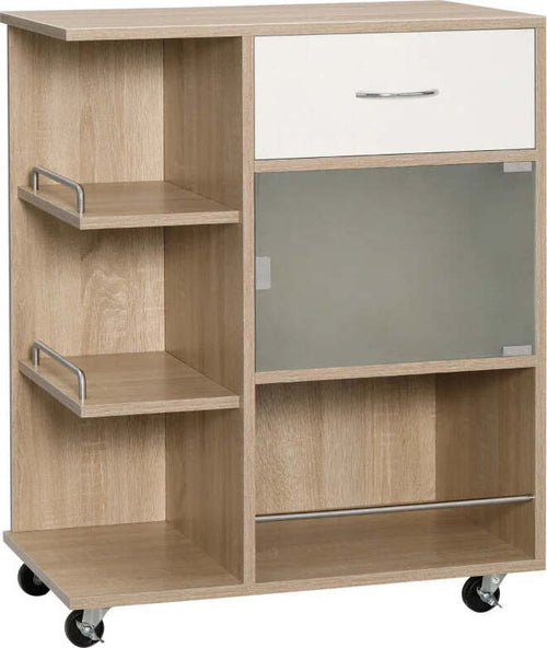 Carrello-da-Cucina-Portavivande-con-Cassetto,-Ripiani-e-Armadietto-in-Legno,-Acciaio-e-Vetro,-65x39x80cm-GH2801-242NDGH2