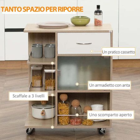 Carrello-da-Cucina-Portavivande-con-Cassetto,-Ripiani-e-Armadietto-in-Legno,-Acciaio-e-Vetro,-65x39x80cm-GH2801-242NDGH2
