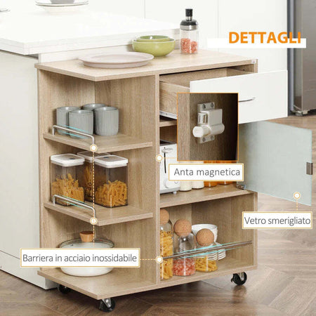 Carrello-da-Cucina-Portavivande-con-Cassetto,-Ripiani-e-Armadietto-in-Legno,-Acciaio-e-Vetro,-65x39x80cm-GH2801-242NDGH2