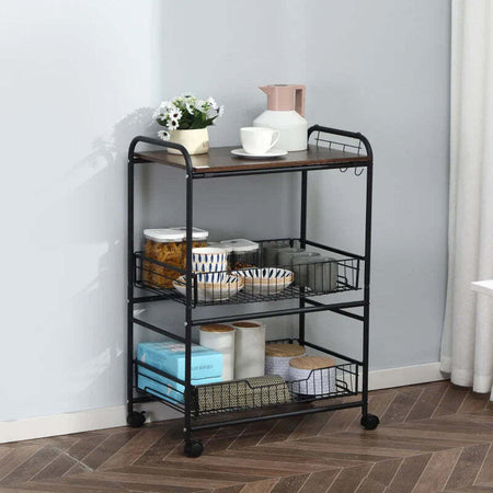 Carrello-da-Cucina-Portavivande-Stile-Industriale-con-4-Ruote,-2-Cestini-e-4-Ganci,-60x38x85.5cm,-Marrone-Nero-FT9801-225FT9