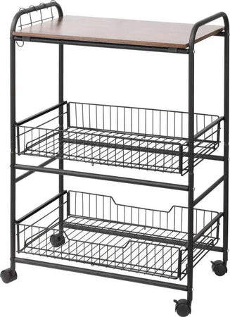 Carrello-da-Cucina-Portavivande-Stile-Industriale-con-4-Ruote,-2-Cestini-e-4-Ganci,-60x38x85.5cm,-Marrone-Nero-FT9801-225FT9