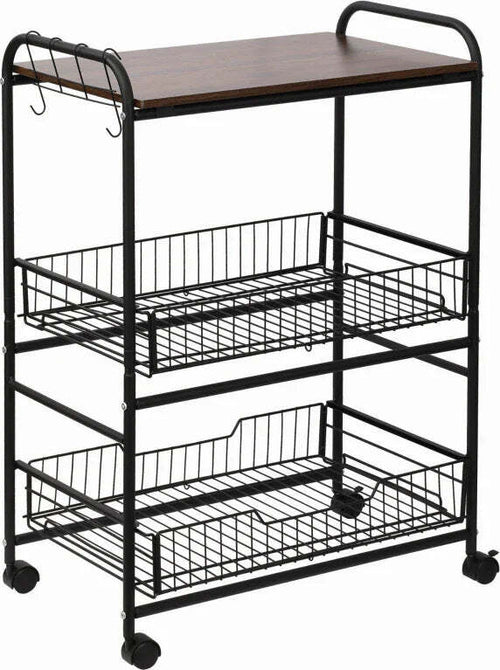 Carrello-da-Cucina-Portavivande-Stile-Industriale-con-4-Ruote,-2-Cestini-e-4-Ganci,-60x38x85.5cm,-Marrone-Nero-FT9801-225FT9