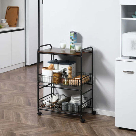 Carrello-da-Cucina-Portavivande-Stile-Industriale-con-4-Ruote,-2-Cestini-e-4-Ganci,-60x38x85.5cm,-Marrone-Nero-FT9801-225FT9