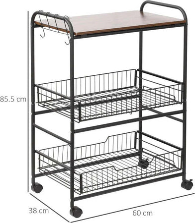 Carrello-da-Cucina-Portavivande-Stile-Industriale-con-4-Ruote,-2-Cestini-e-4-Ganci,-60x38x85.5cm,-Marrone-Nero-FT9801-225FT9