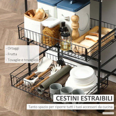 Carrello-da-Cucina-Portavivande-Stile-Industriale-con-4-Ruote,-2-Cestini-e-4-Ganci,-60x38x85.5cm,-Marrone-Nero-FT9801-225FT9