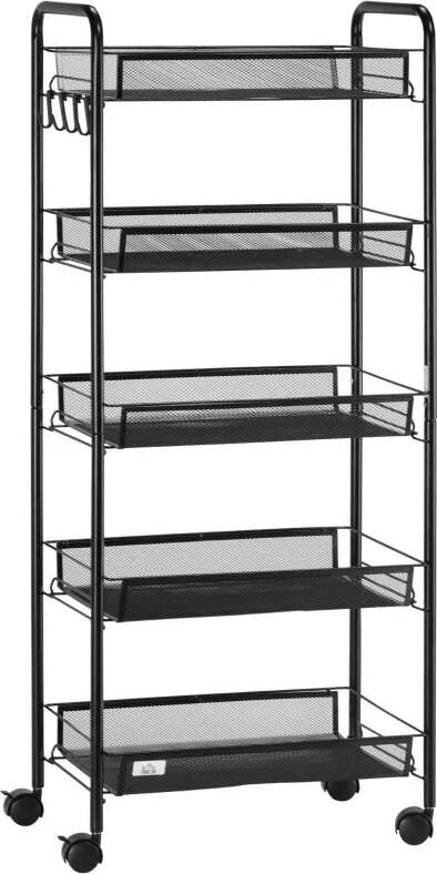 Carrello-da-Cucina-Salvaspazio-a-5-Livelli-con-Cestini-a-Rete-in-Acciaio,-45x26.5x106cm,-Nero-TW9850-164TW9
