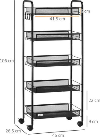 Carrello-da-Cucina-Salvaspazio-a-5-Livelli-con-Cestini-a-Rete-in-Acciaio,-45x26.5x106cm,-Nero-TW9850-164TW9