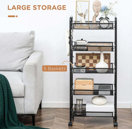 Carrello-da-Cucina-Salvaspazio-a-5-Livelli-con-Cestini-a-Rete-in-Acciaio,-45x26.5x106cm,-Nero-TW9850-164TW9