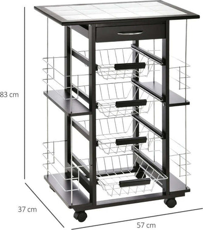 Carrello-da-Cucina-Salvaspazio-con-1-Cassetto,-4-Cesti-Estraibili,-4-Ripiani,-Legno-di-Pino-e-Metallo,-57x37x83cm-KJ4801-122KJ4